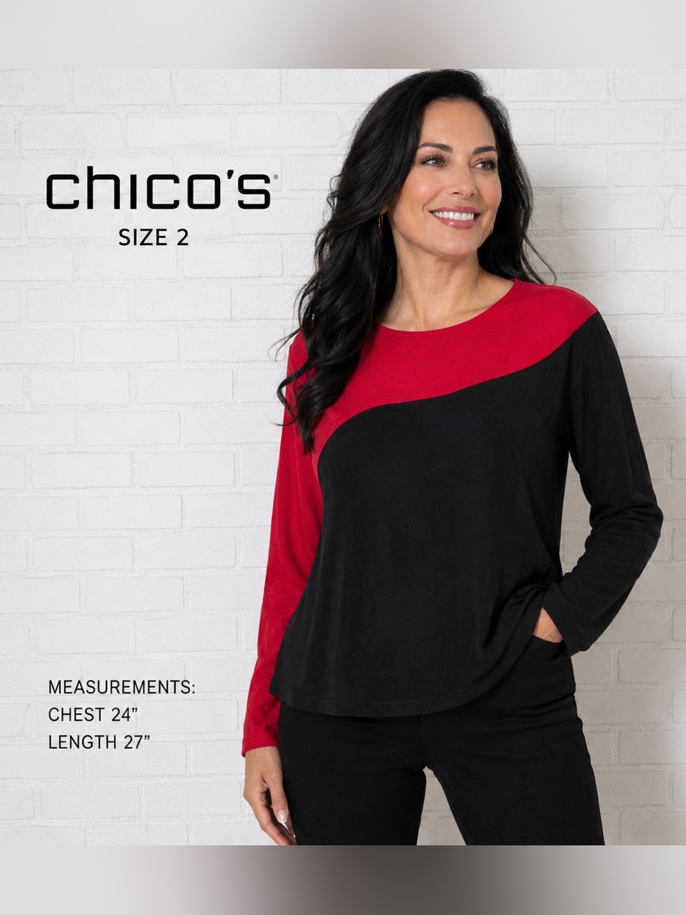 Chico’s Travelers Colorblock Knit Top Size 2 Red Black Long Sleeve NWT